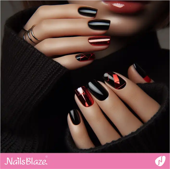 Short Black and Red Nails | Foil Nails - NB4127